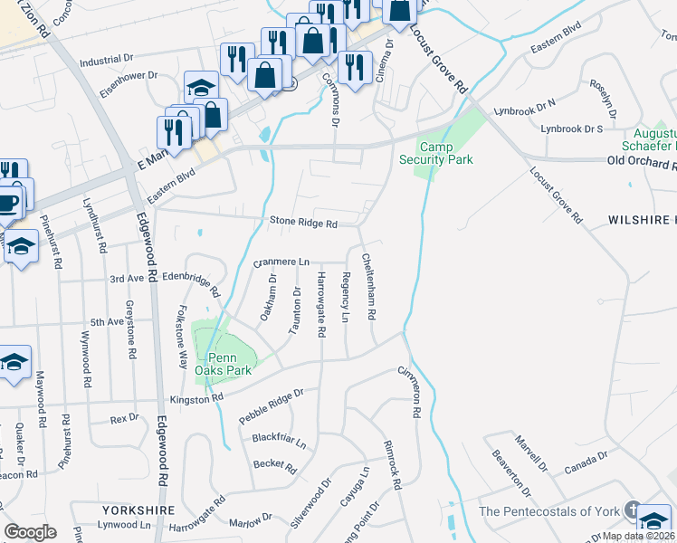 map of restaurants, bars, coffee shops, grocery stores, and more near 3673 Regency Lane in York