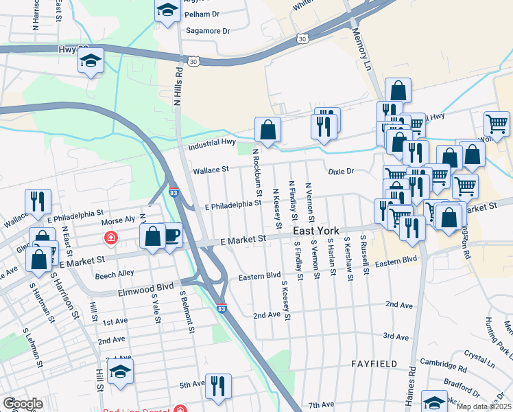 map of restaurants, bars, coffee shops, grocery stores, and more near 45 North Marshall Street in East York