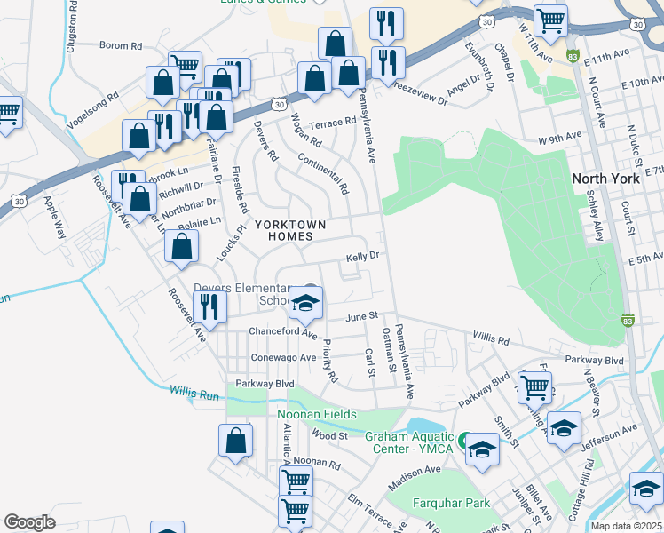 map of restaurants, bars, coffee shops, grocery stores, and more near 752 Kelly Drive in York