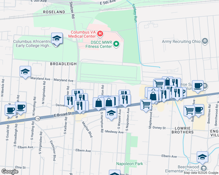 map of restaurants, bars, coffee shops, grocery stores, and more near 110 North Waverly Street in Columbus