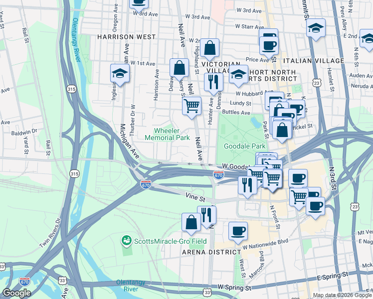 map of restaurants, bars, coffee shops, grocery stores, and more near 645 Neil Avenue in Columbus