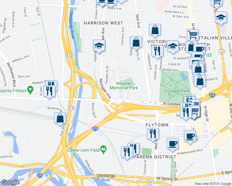 map of restaurants, bars, coffee shops, grocery stores, and more near 406 Thurber Drive West in Columbus