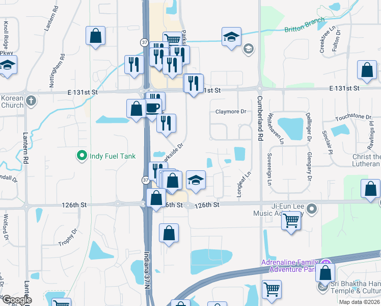 map of restaurants, bars, coffee shops, grocery stores, and more near 9548 Meeting Street in Fishers
