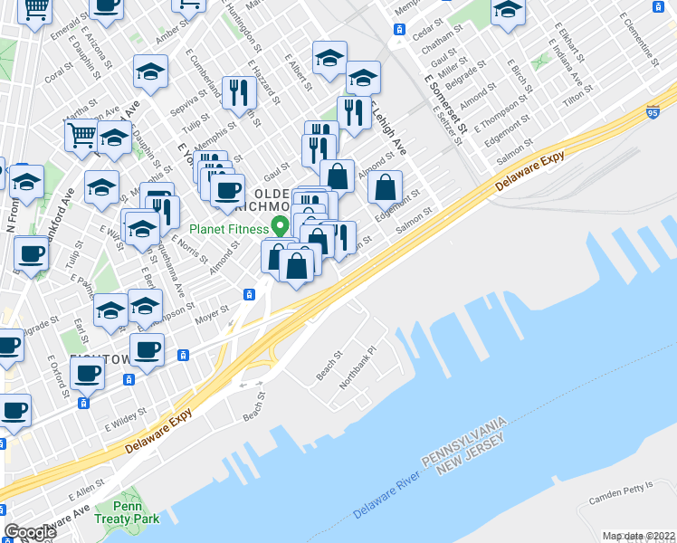 map of restaurants, bars, coffee shops, grocery stores, and more near Salmon St & E Cumberland St in Philadelphia