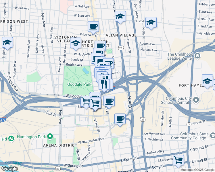 map of restaurants, bars, coffee shops, grocery stores, and more near 612 North High Street in Columbus