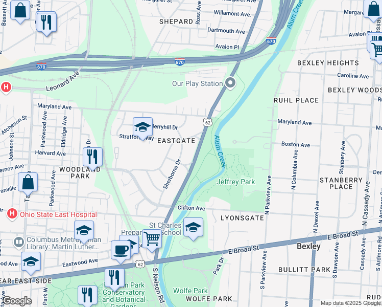 map of restaurants, bars, coffee shops, grocery stores, and more near 317 North Nelson Road in Columbus