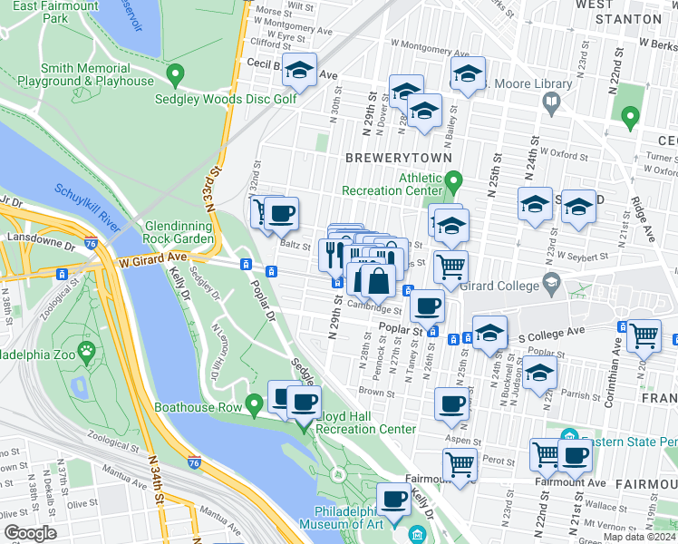 map of restaurants, bars, coffee shops, grocery stores, and more near 1208 North 29th Street in Philadelphia