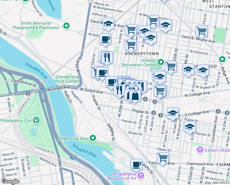 map of restaurants, bars, coffee shops, grocery stores, and more near 2935 West Girard Avenue in Philadelphia