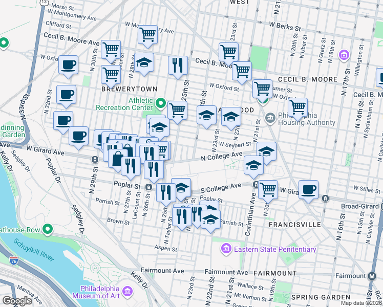 map of restaurants, bars, coffee shops, grocery stores, and more near 1210 North 24th Street in Philadelphia