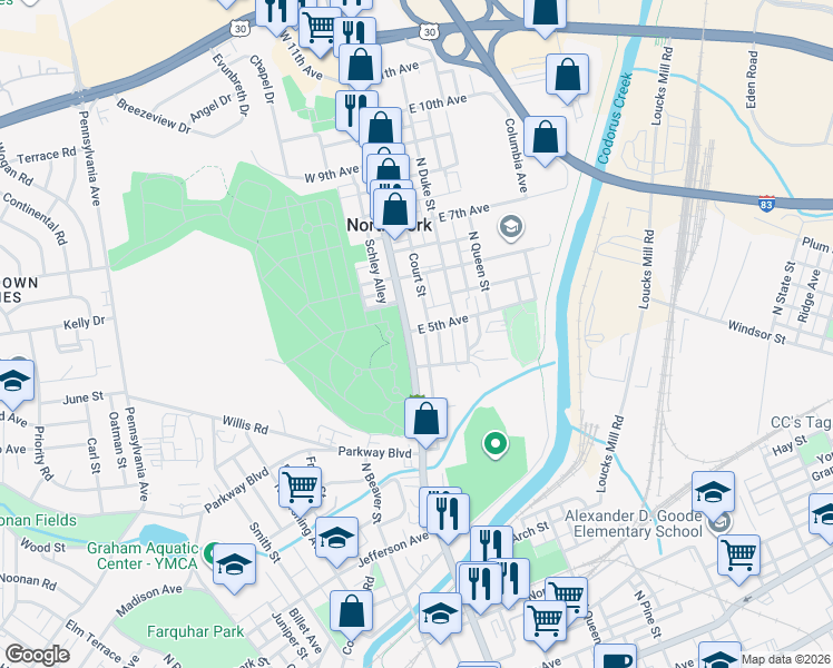 map of restaurants, bars, coffee shops, grocery stores, and more near in York County