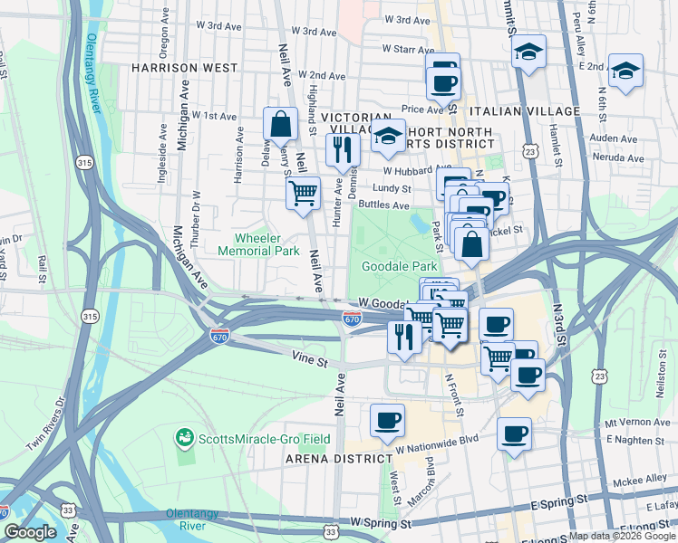 map of restaurants, bars, coffee shops, grocery stores, and more near 249 West Poplar Avenue in Columbus