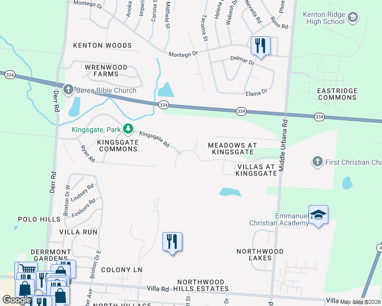 map of restaurants, bars, coffee shops, grocery stores, and more near 3586 Kingsgate Court in Springfield