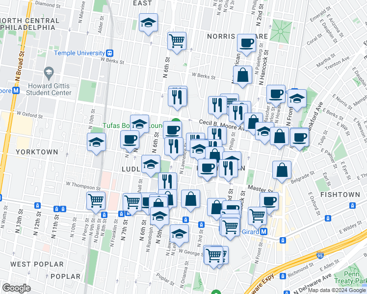 map of restaurants, bars, coffee shops, grocery stores, and more near 1540 North Lawrence Street in Philadelphia