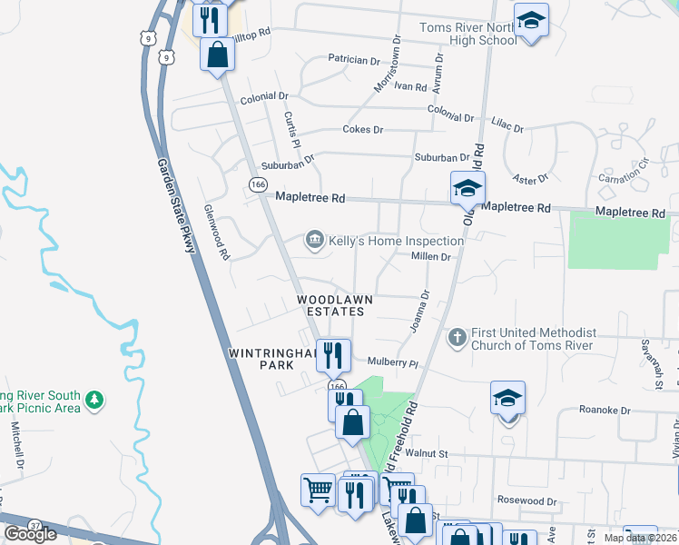 map of restaurants, bars, coffee shops, grocery stores, and more near 18 Cypress Road in Toms River