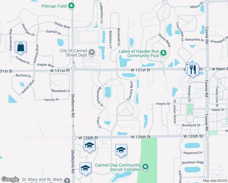 map of restaurants, bars, coffee shops, grocery stores, and more near 12940 Reedy Court in Carmel