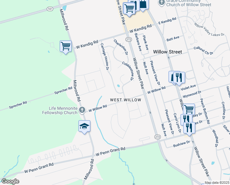 map of restaurants, bars, coffee shops, grocery stores, and more near 146 Carriage House Drive in Willow Street