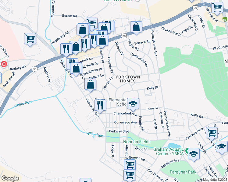 map of restaurants, bars, coffee shops, grocery stores, and more near 836 Gunnison Road in York
