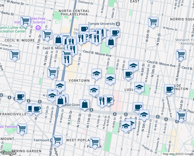 map of restaurants, bars, coffee shops, grocery stores, and more near 1449 North 11th Street in Philadelphia