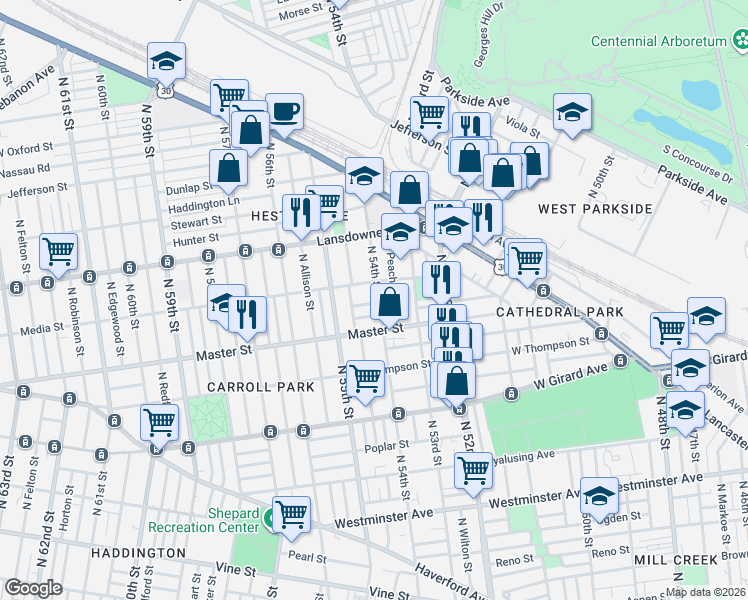 map of restaurants, bars, coffee shops, grocery stores, and more near 1436 North 54th Street in Philadelphia