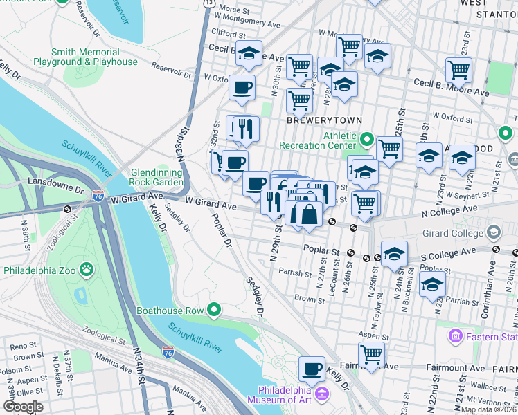 map of restaurants, bars, coffee shops, grocery stores, and more near 2947 West Girard Avenue in Philadelphia