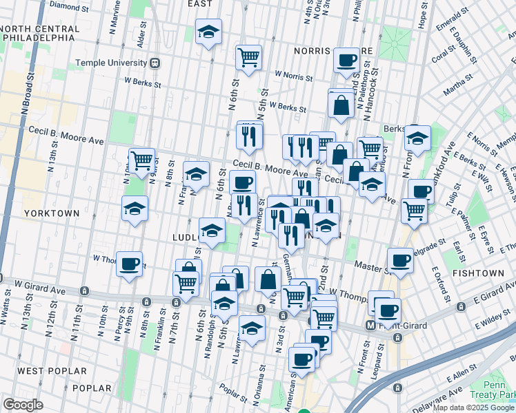 map of restaurants, bars, coffee shops, grocery stores, and more near 1540 North Lawrence Street in Philadelphia