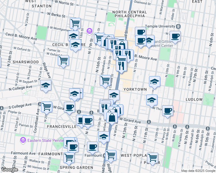 map of restaurants, bars, coffee shops, grocery stores, and more near 1407 North 15th Street in Philadelphia