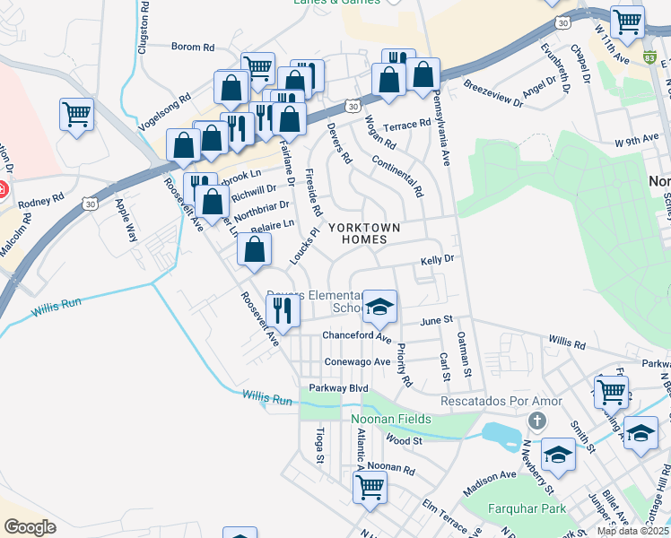 map of restaurants, bars, coffee shops, grocery stores, and more near 837 Gunnison Road in York