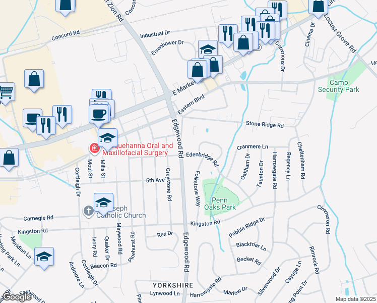 map of restaurants, bars, coffee shops, grocery stores, and more near 3315 Edenbridge Road in York