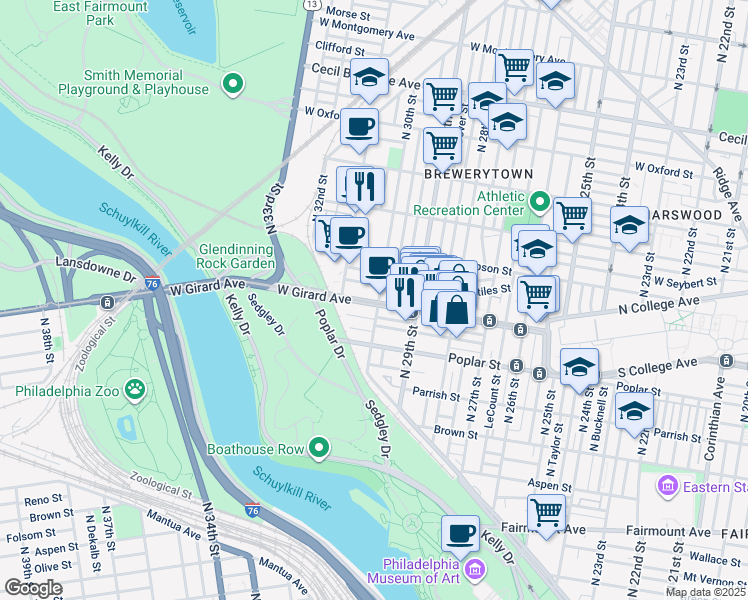 map of restaurants, bars, coffee shops, grocery stores, and more near 3005 West Girard Avenue in Philadelphia