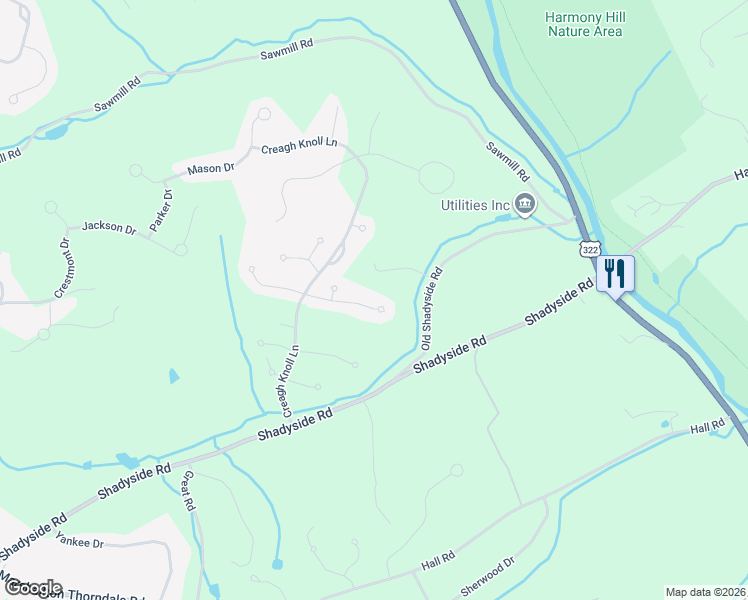 map of restaurants, bars, coffee shops, grocery stores, and more near 1131 Delaware Lane in Chester County
