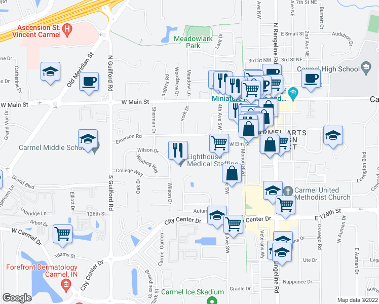 map of restaurants, bars, coffee shops, grocery stores, and more near 550 Industrial Drive in Carmel