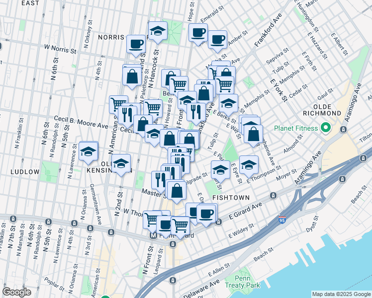 map of restaurants, bars, coffee shops, grocery stores, and more near 1712 Frankford Avenue in Philadelphia
