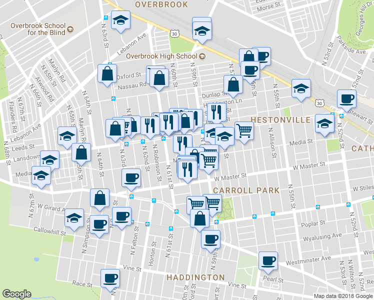 map of restaurants, bars, coffee shops, grocery stores, and more near 1523 North 60th Street in Philadelphia
