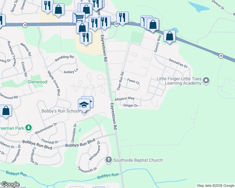 map of restaurants, bars, coffee shops, grocery stores, and more near 15 Carob Court in Lumberton Township
