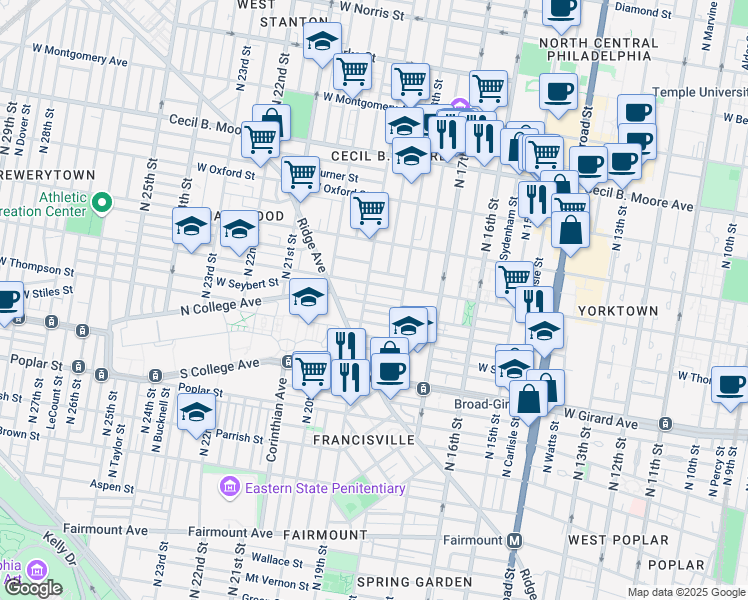 map of restaurants, bars, coffee shops, grocery stores, and more near 1839 Ingersoll Street in Philadelphia