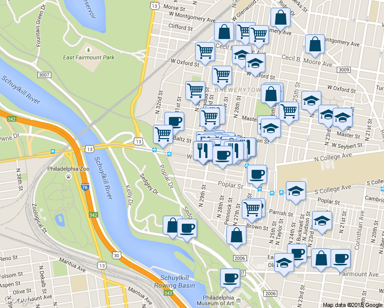 map of restaurants, bars, coffee shops, grocery stores, and more near 2945 W Girard Ave in Philadelphia