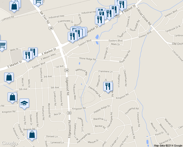 map of restaurants, bars, coffee shops, grocery stores, and more near 3370 Cranmere Lane in York