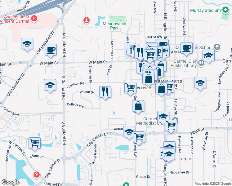 map of restaurants, bars, coffee shops, grocery stores, and more near 520 Industrial Drive in Carmel
