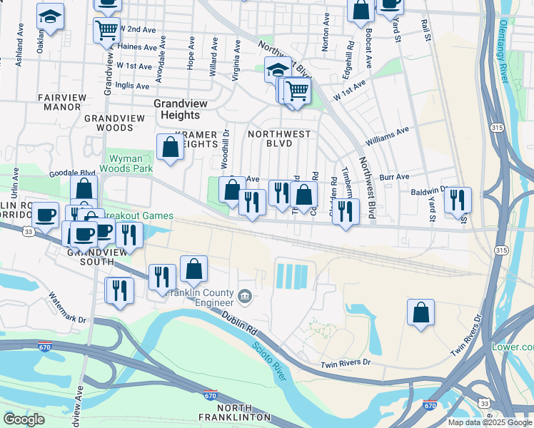 map of restaurants, bars, coffee shops, grocery stores, and more near 1180 Goodale Boulevard in Columbus