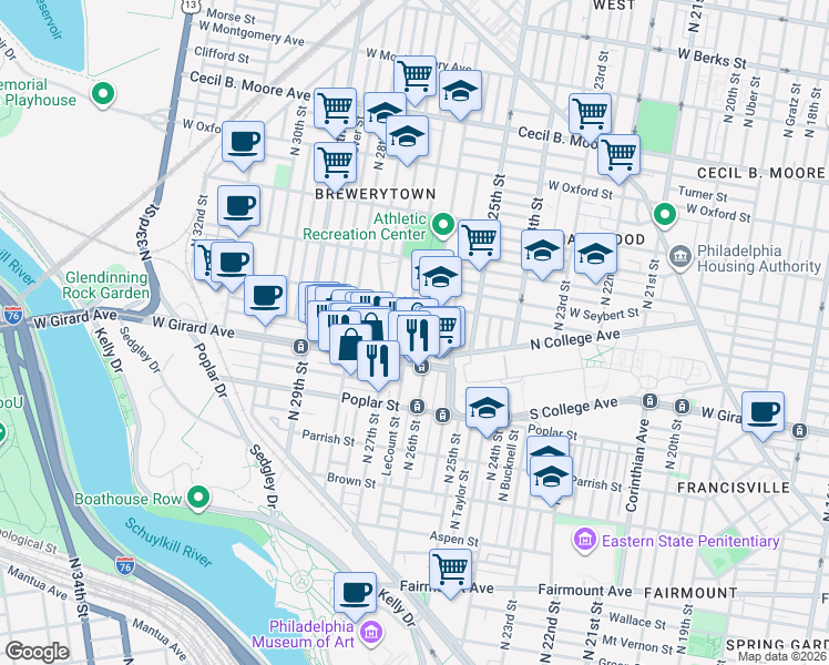 map of restaurants, bars, coffee shops, grocery stores, and more near 1237 North 27th Street in Philadelphia
