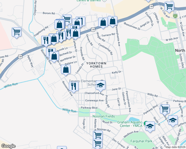 map of restaurants, bars, coffee shops, grocery stores, and more near 819 Kelly Drive in York