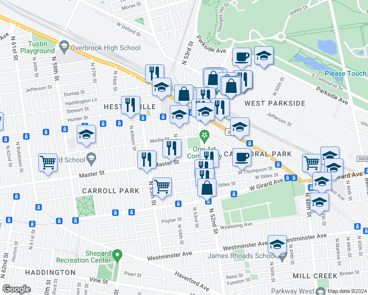 map of restaurants, bars, coffee shops, grocery stores, and more near 1434 North 53rd Street in Philadelphia