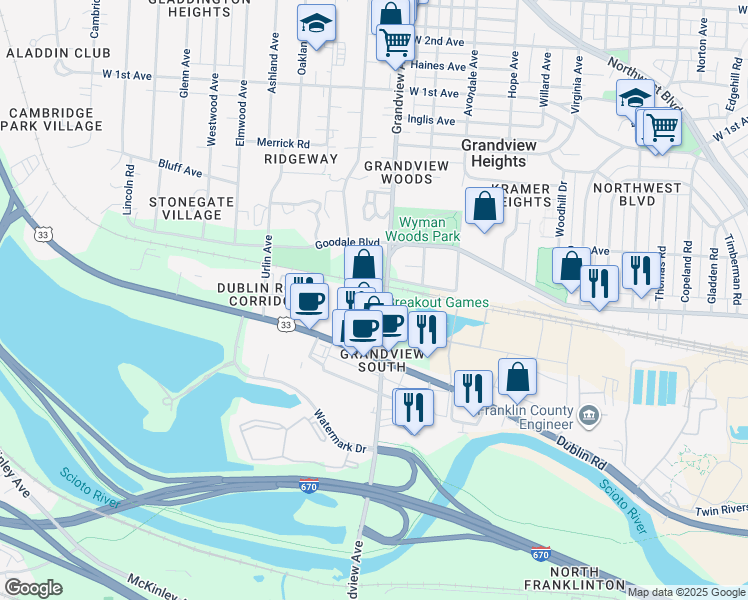 map of restaurants, bars, coffee shops, grocery stores, and more near 855 Grandview Avenue in Columbus