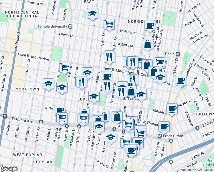map of restaurants, bars, coffee shops, grocery stores, and more near 1516 North 5th Street in Philadelphia