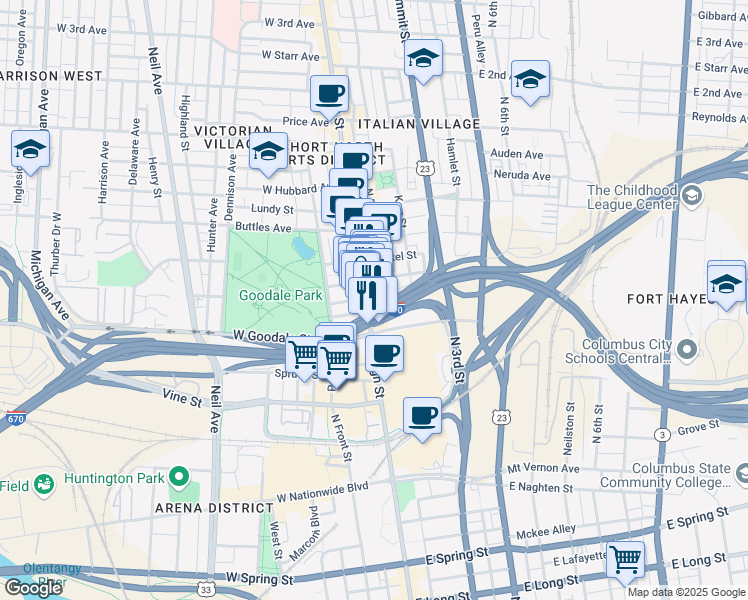 map of restaurants, bars, coffee shops, grocery stores, and more near 612 North High Street in Columbus