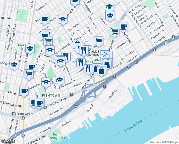 map of restaurants, bars, coffee shops, grocery stores, and more near 2216 East Thompson Street in Philadelphia