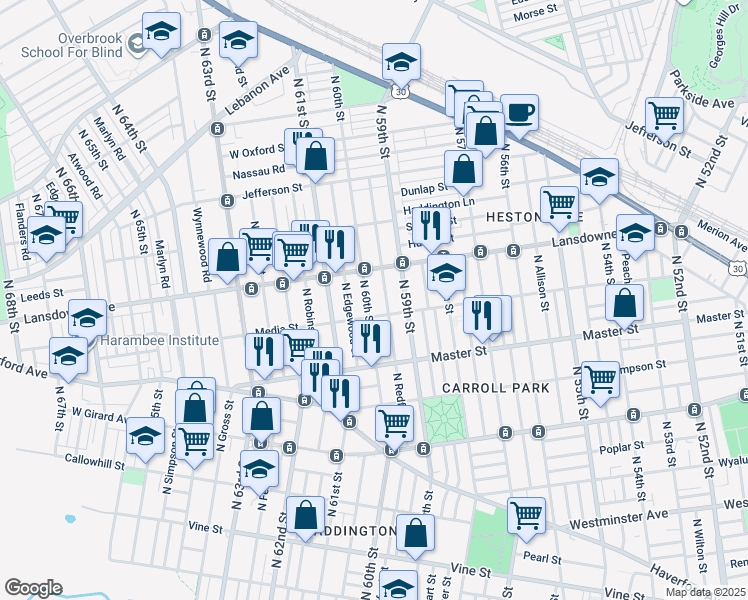 map of restaurants, bars, coffee shops, grocery stores, and more near 1523 North 60th Street in Philadelphia