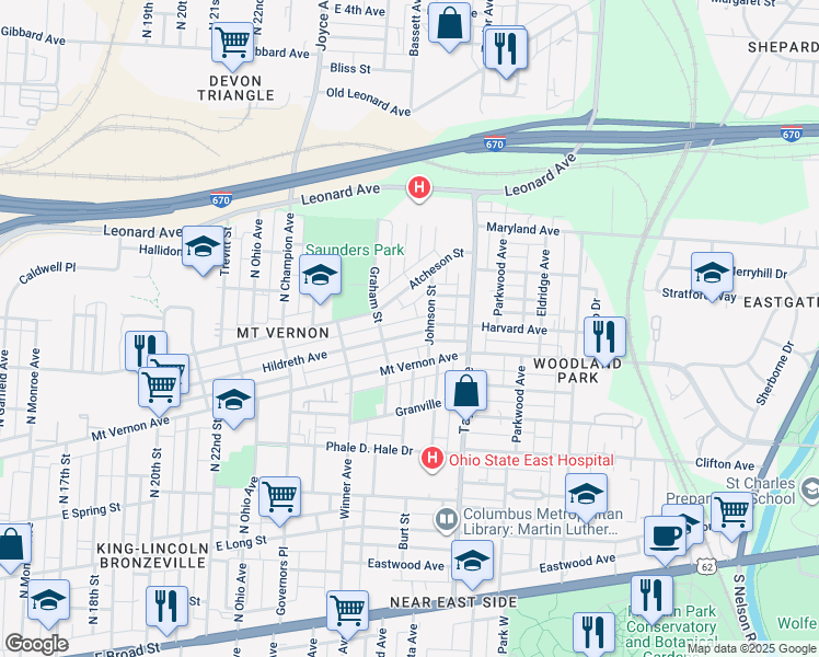 map of restaurants, bars, coffee shops, grocery stores, and more near 1462 Hildreth Avenue in Columbus