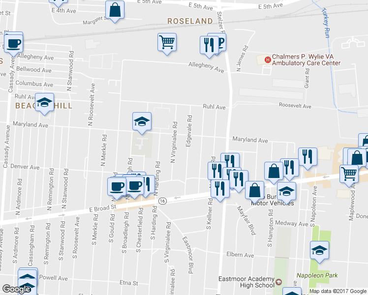 map of restaurants, bars, coffee shops, grocery stores, and more near 153 Edgevale Road in Columbus