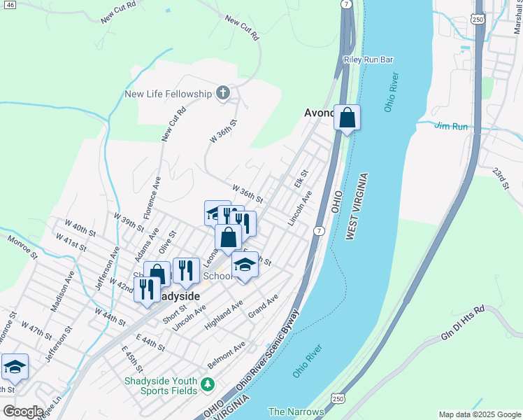 map of restaurants, bars, coffee shops, grocery stores, and more near 3629 Ohio 7 Scn in Shadyside